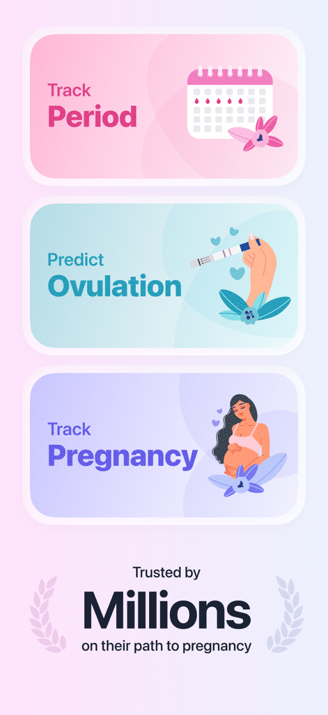 Interface de l'application Pregmate montrant le suivi des règles, la prédiction de l'ovulation et les fonctionnalités de surveillance de la grossesse