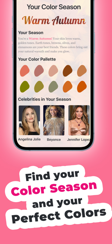 Glamour app interface displaying Warm Autumn color analysis results with a palette and celebrity matches