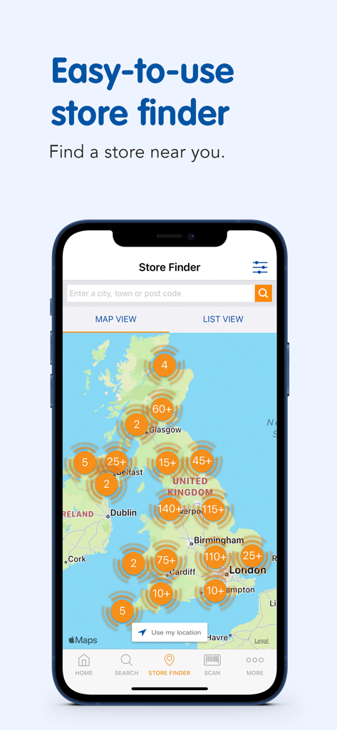 B and M Stores app store finder showing map of locations