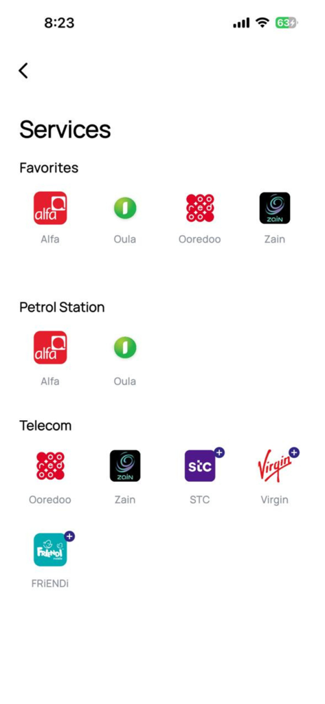 AZ eWallet - AZ eWallet services screen for petrol and telecom payments