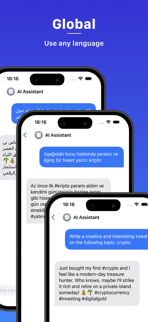 AI Chat - Ask Bot Assistant - AIアシスタントチャットインターフェースをさまざまな言語で表示する3つのiPhone画面。グローバルサポートを示しています。