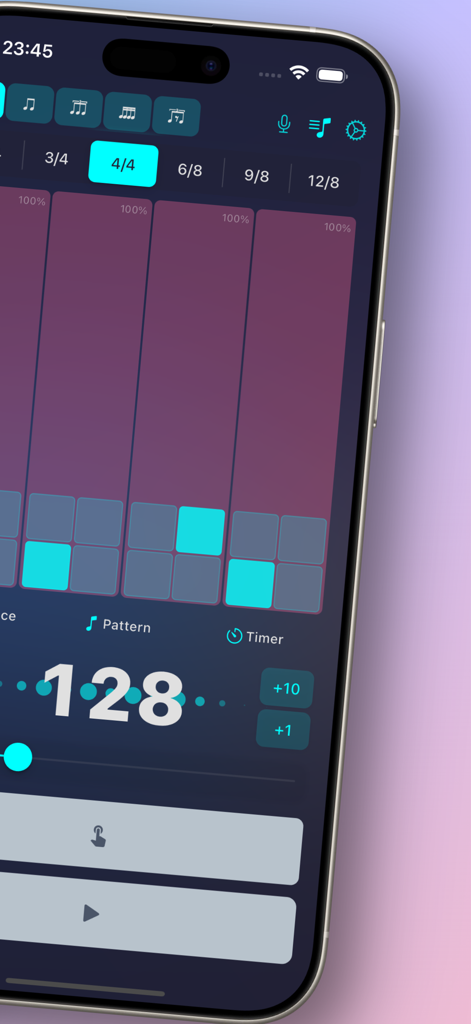 Interface de l'application Metronom sur iPhone affichant un tempo de 128 BPM et les paramètres de rythme.