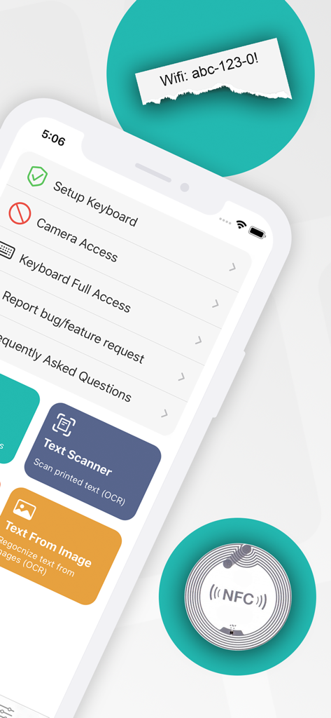 Der Einstellungsbildschirm der ScanKey App zeigt OCR- und NFC-Scanner-Optionen