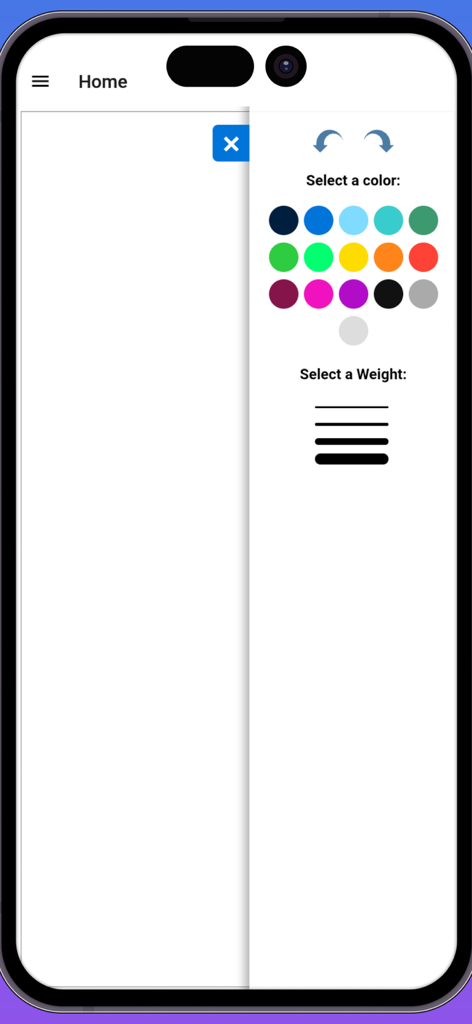 Sketchbook Drawing - Interfaz de la aplicación Sketchbook Drawing con una cuadrícula de paleta de colores y configuración de selección de grosor de línea en un iPhone