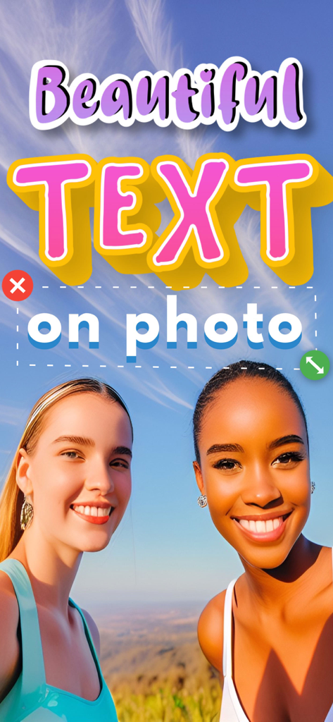Stylized text overlay on a photo of two smiling women using the txt app