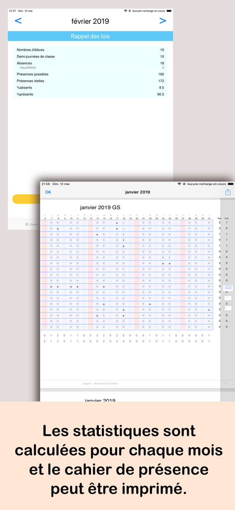 Appel - Estadísticas de asistencia mensual y cuadrícula de registro de clase imprimible mostradas en la aplicación Appel