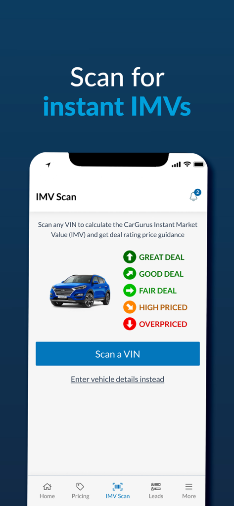 CarGurus Dealer app interface showing the IMV Scan feature to calculate car market value and price guidance