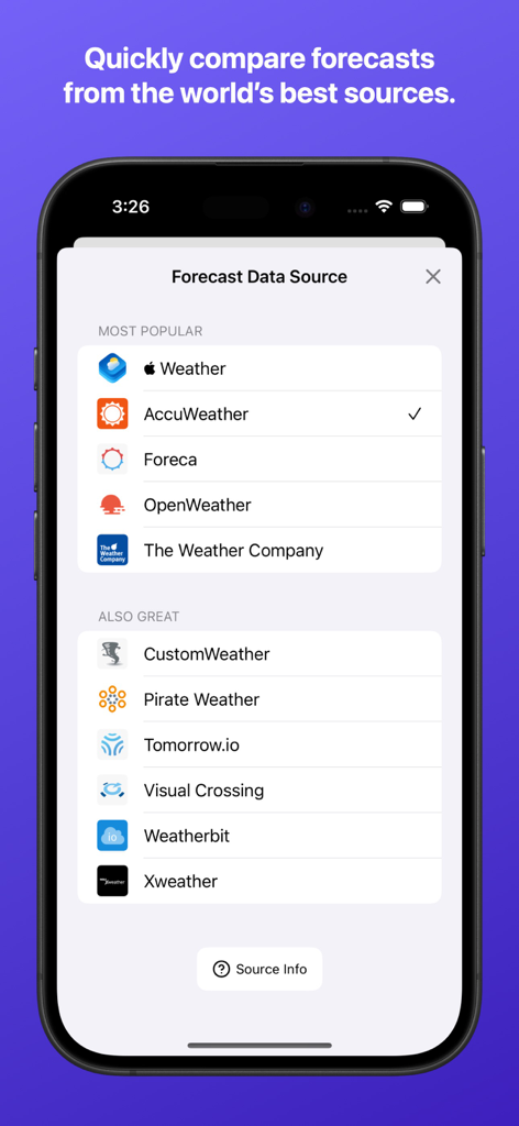 Tela do aplicativo Hello Weather mostrando várias opções de fontes de dados de previsão, incluindo Apple Weather, AccuWeather e Foreca.