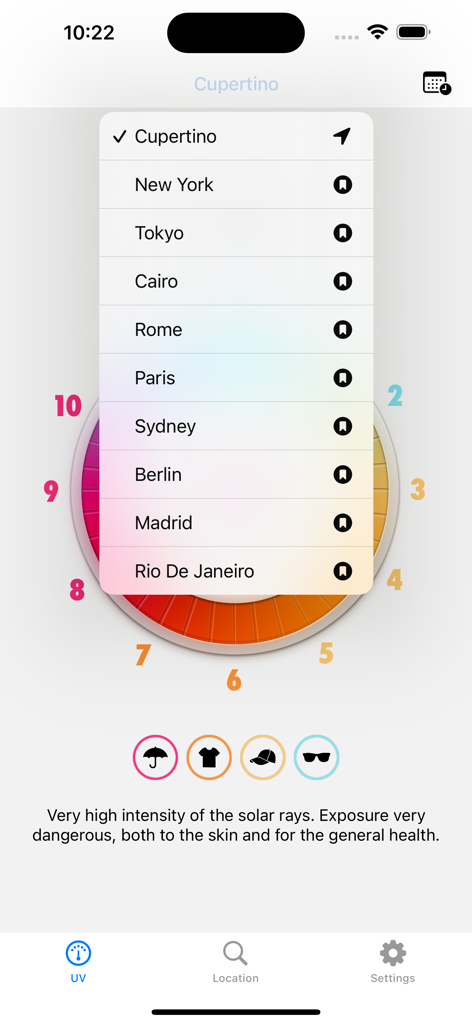 UV Index - Sun rays - UV Index app interface showing a list of saved cities and sun protection recommendations.