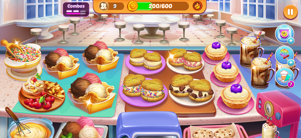 Kitchen Craze Cooking Games - Gameplay screen of Kitchen Craze showing colorful desserts including ice cream waffle bowls, blueberry tarts, and coffee.