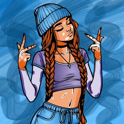 realistic teenage girl with braids and a beanie and crop top doing 🫶🏼