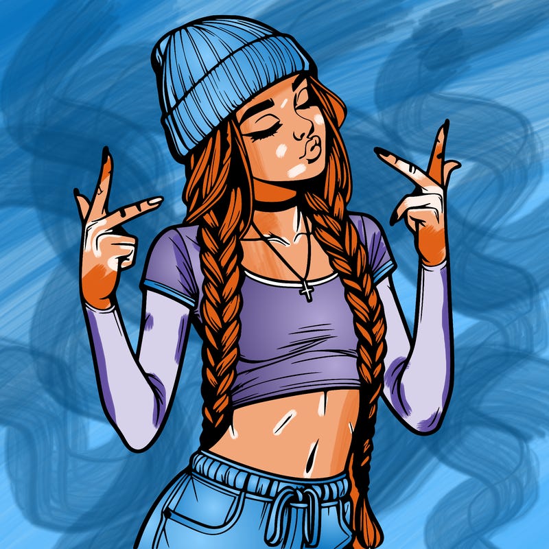 realistic teenage girl with braids and a beanie and crop top doing 🫶🏼