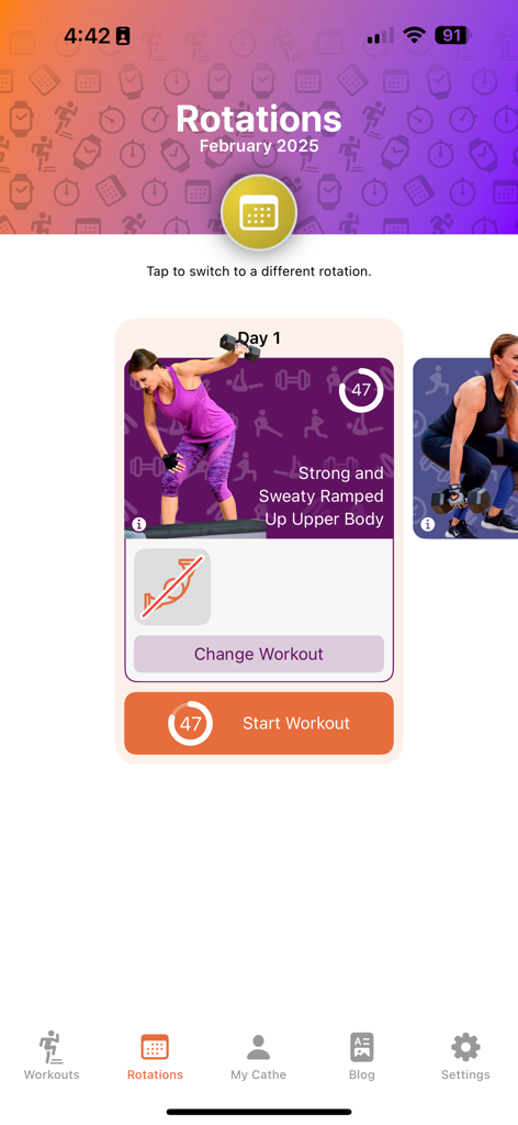Cathe OnDemand - Cathe OnDemand app interface showing a monthly workout rotation schedule for February 2025