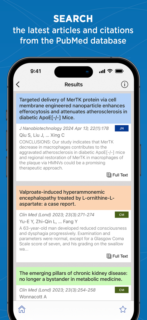 Prime: PubMed Journals & Tools - Smartphone screen displaying search results for medical journal articles from the PubMed database within the Prime app.