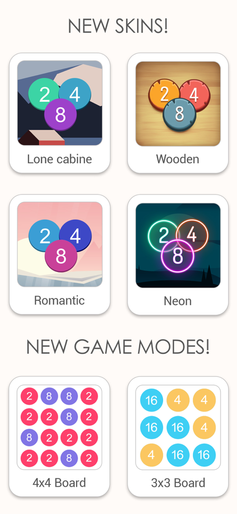 Screenshot del gioco puzzle 2 For 2 che mostra varie skin come Cabina Solitaria e Neon insieme a schede di gioco 3x3 e 4x4