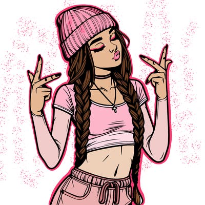 realistic teenage girl with braids and a beanie and crop top doing 🫶🏼