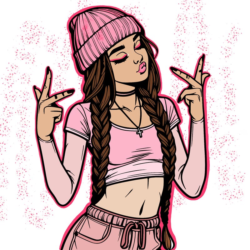 realistic teenage girl with braids and a beanie and crop top doing 🫶🏼