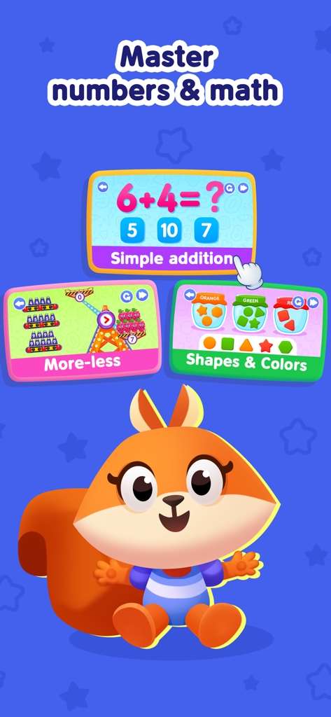 Preschool math learning screen for kids featuring addition numbers shapes and colors with a cute squirrel character