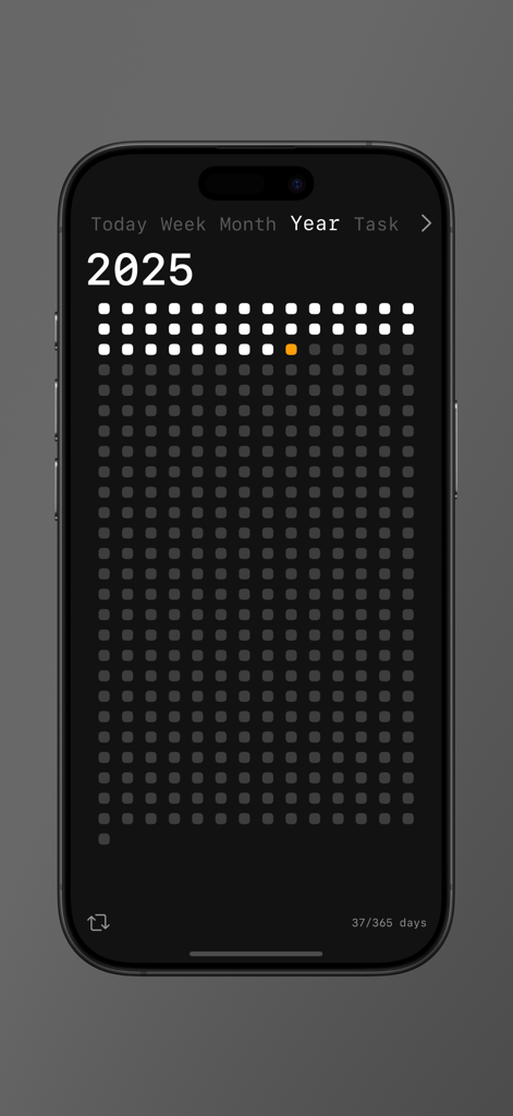 Life Widget - Time Progress - Interface minimalista do aplicativo para iPhone mostrando o progresso do ano de 2025 como uma grade de pontos