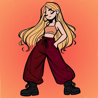 girl in baggy pants crop top and long hair