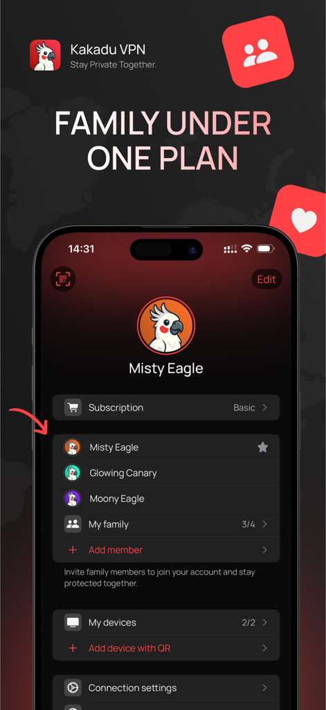 Kakadu VPN app screen showing a family plan dashboard with a list of members and device management settings.