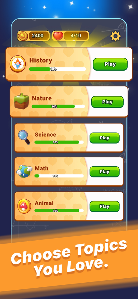 Interface de l'application QuizSpark Pro montrant les catégories de quiz telles que l'histoire, la nature, la science, les mathématiques et les animaux avec des barres de progression