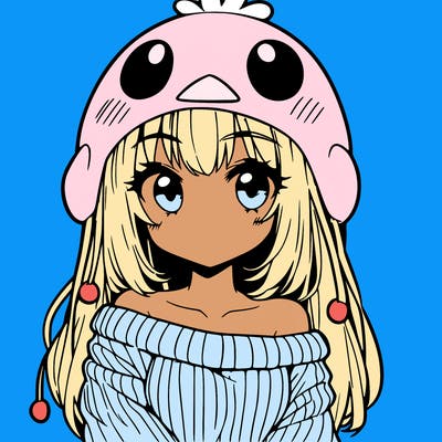 anime girl with chick shaped hat with sweater with bare shoulders with bangs covering them one eye with low tail