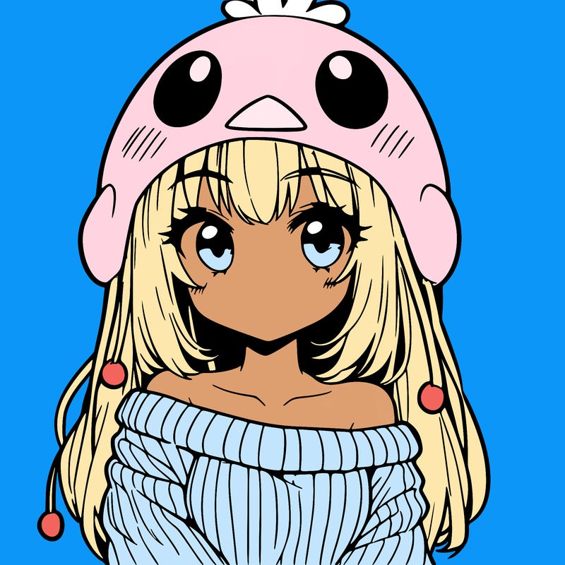 anime girl with chick shaped hat with sweater with bare shoulders with bangs covering them one eye with low tail