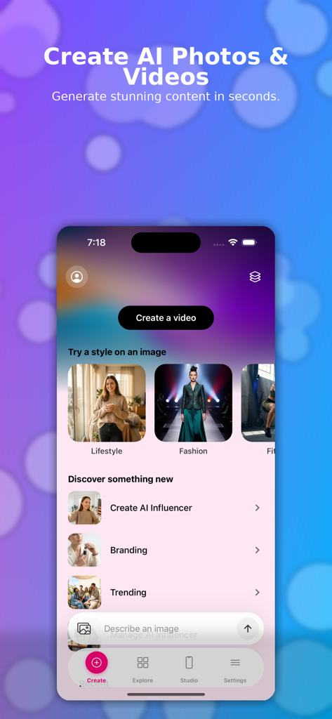 Moji AI - AI Influencer Pro - Moji AI app interface showing options to create AI influencers, videos, and branded social media content