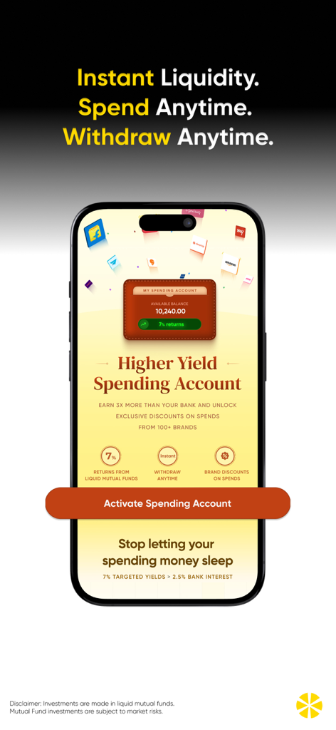 Multipl: Spending Account - Multipl app screen displaying a high yield spending account with seven percent interest and brand discounts