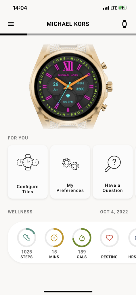Michael Kors Access - Michael Kors Access app dashboard showing a gold smartwatch and wellness activity metrics