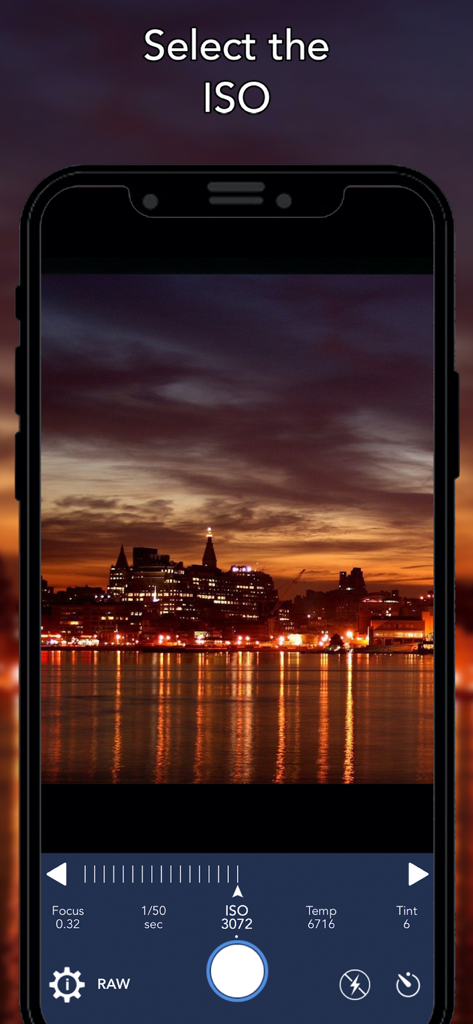 RAW Shoot - RAW Shoot app interface showing manual ISO adjustment for a night cityscape photograph on an iPhone