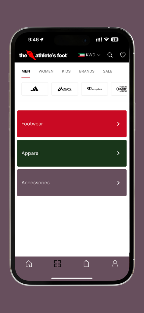 The Athlete's Foot app interface featuring men's footwear apparel and accessories categories