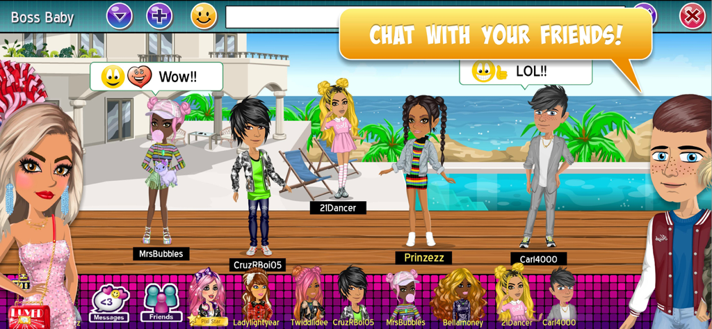 MovieStarPlanet: Classic - Varios avatares interactuando y chateando en un resort junto a la piscina en MovieStarPlanet Classic.