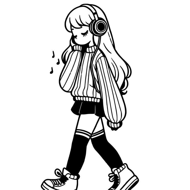 girl with leg warmers and long sweater and sneakers listening to music