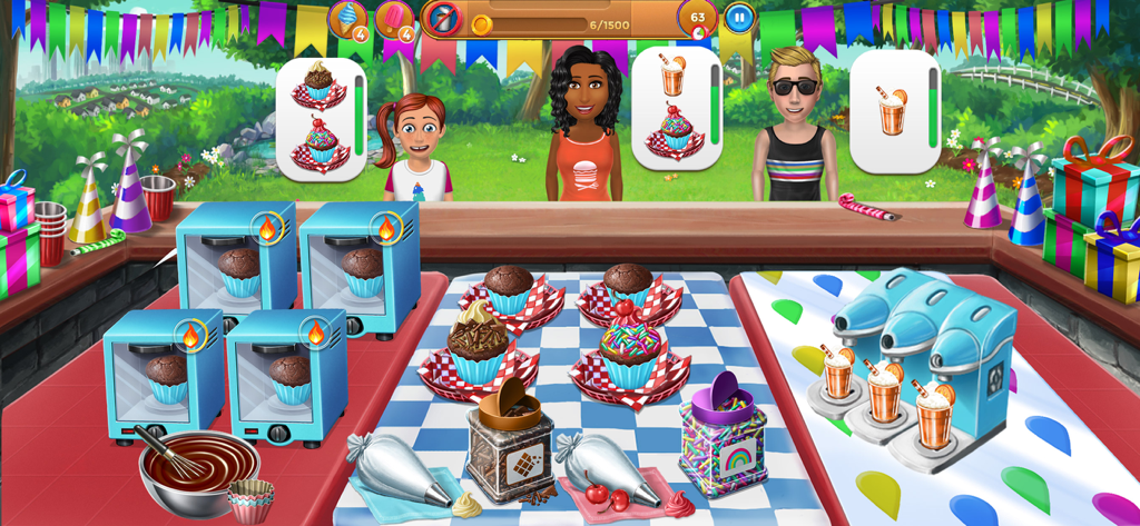 Virtual Families: Cook Off - Virtual Families Cook Off のゲームプレイ画面。屋外パーティーで、顧客がカップケーキとミルクシェイクを注文している様子