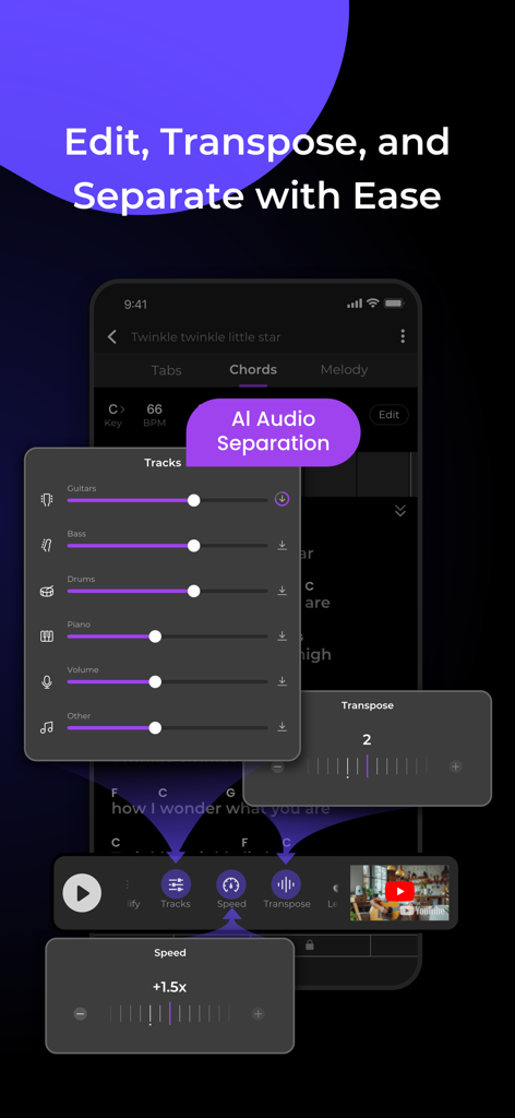 Lamucal app interface showing AI audio separation tracks and transpose tools