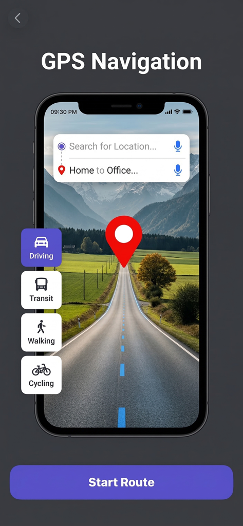 GPS Navigation & Live Earthmap - GPS Navigation app interface showing a route from home to office with transportation options.
