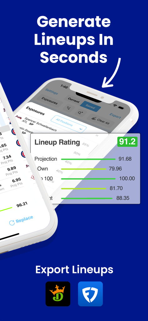 DFS Lineup Optimizer - SimLabs - Mobile screen of the SimLabs app showing lineup ratings and export options for DraftKings and FanDuel