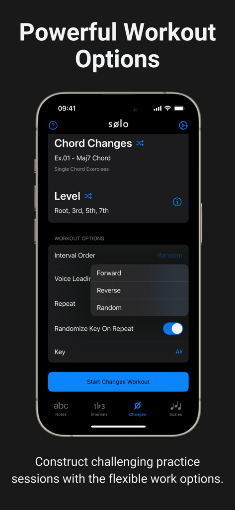 Solo - Fretboard Visualization - Interface of the Solo app showing customizable workout options for practicing chord changes