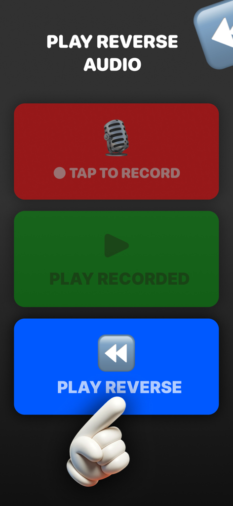 Interfaz de la app Canto Inverso mostrando botones para grabar, reproducir clips grabados y reproducir audio al revés