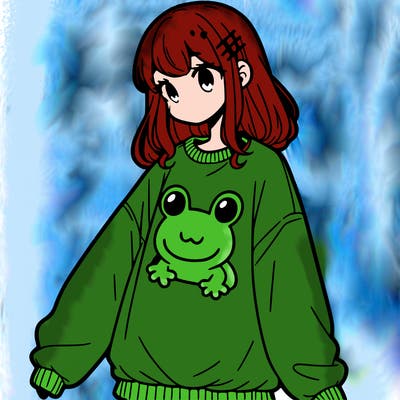 girl wearing frogging sweatshirt