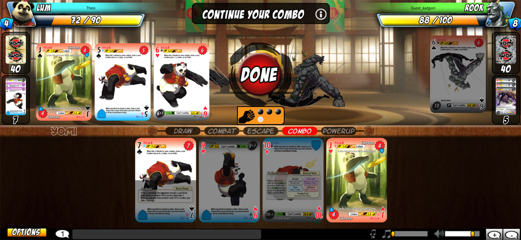 Yomi - Gameplay di Yomi che mostra i personaggi Lum contro Rook con un prompt 'continua la tua combo' durante una partita.