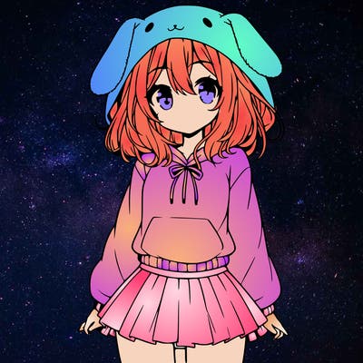 pretty anime girl wearing a fluffy hoodie with bunny ears on the hood and a skirt