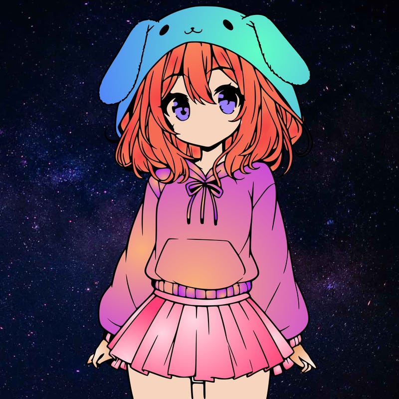 pretty anime girl wearing a fluffy hoodie with bunny ears on the hood and a skirt