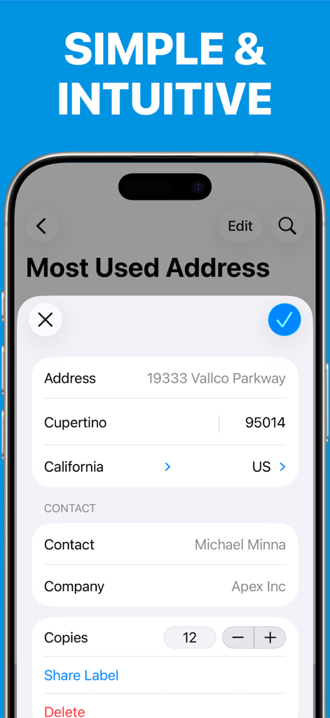 Mobile App-Oberfläche zur Verwaltung und zum Drucken von Geschäftsadressetiketten