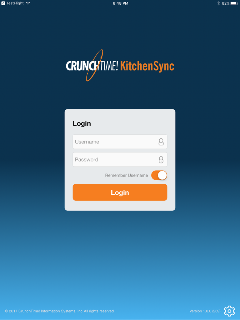 Crunchtime Kitchen Sync restaurant management app login screen