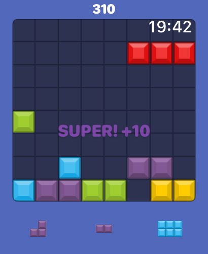다채로운 블록 퍼즐 격자와 점수를 보여주는 Block Blast For Watch의 게임 플레이
