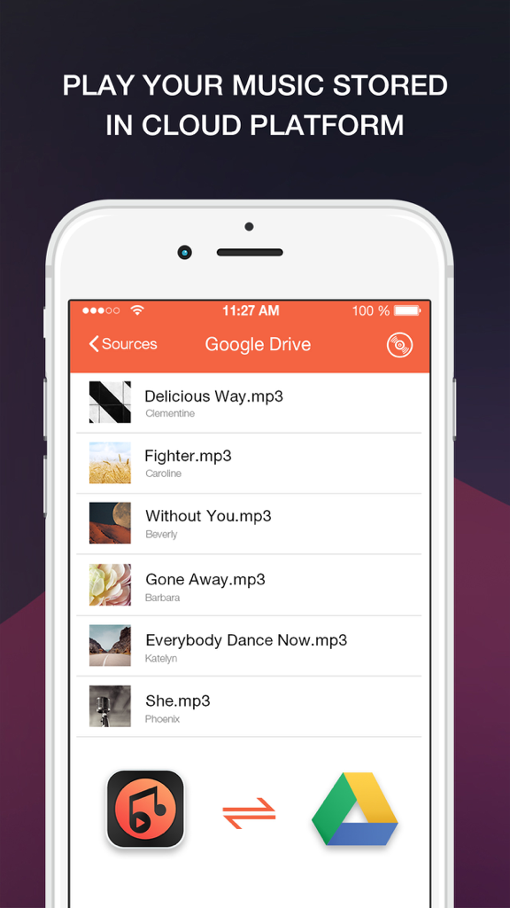 Captura de tela do iPhone mostrando arquivos de música sincronizados do Google Drive no aplicativo Free Music MP3 Player