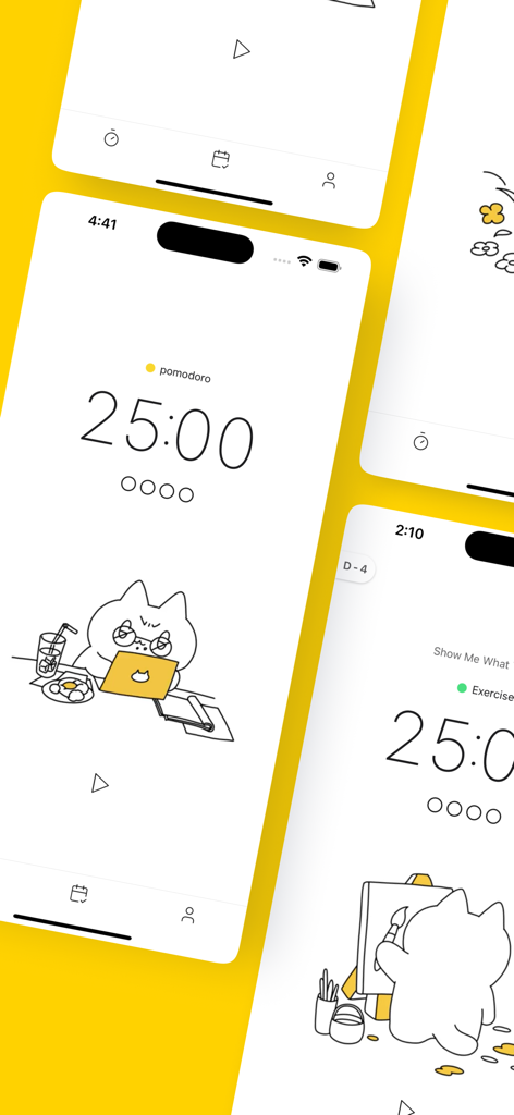 Pomocat - Adorable Focus Timer - Pomocat app interface showing a Pomodoro timer with a cute cat working at a desk